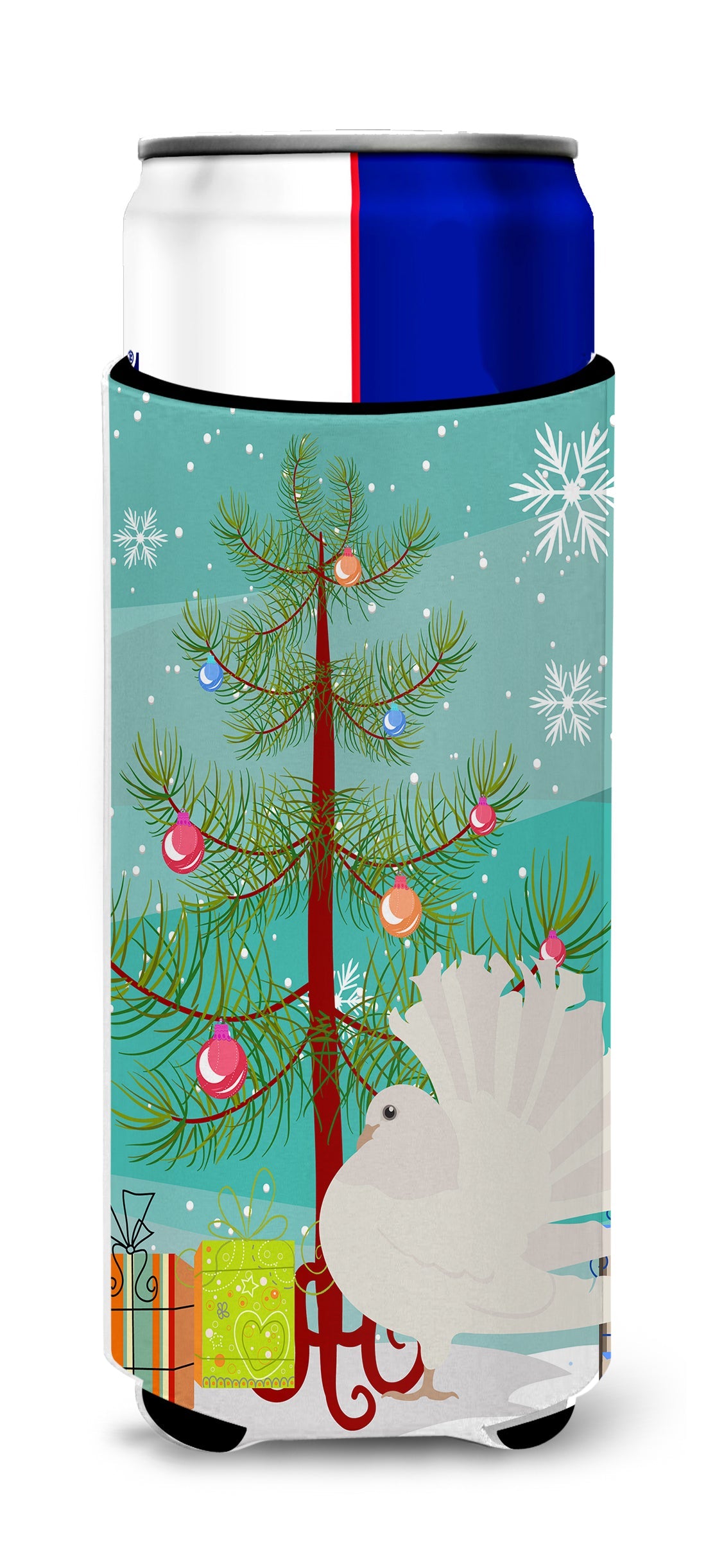 Silver Fantail Pigeon Christmas Slim Can Hugger , Insulated Foam Hugger for 12 oz Slim Cans, Beer Bottles & Water Bottles, Printed in USA