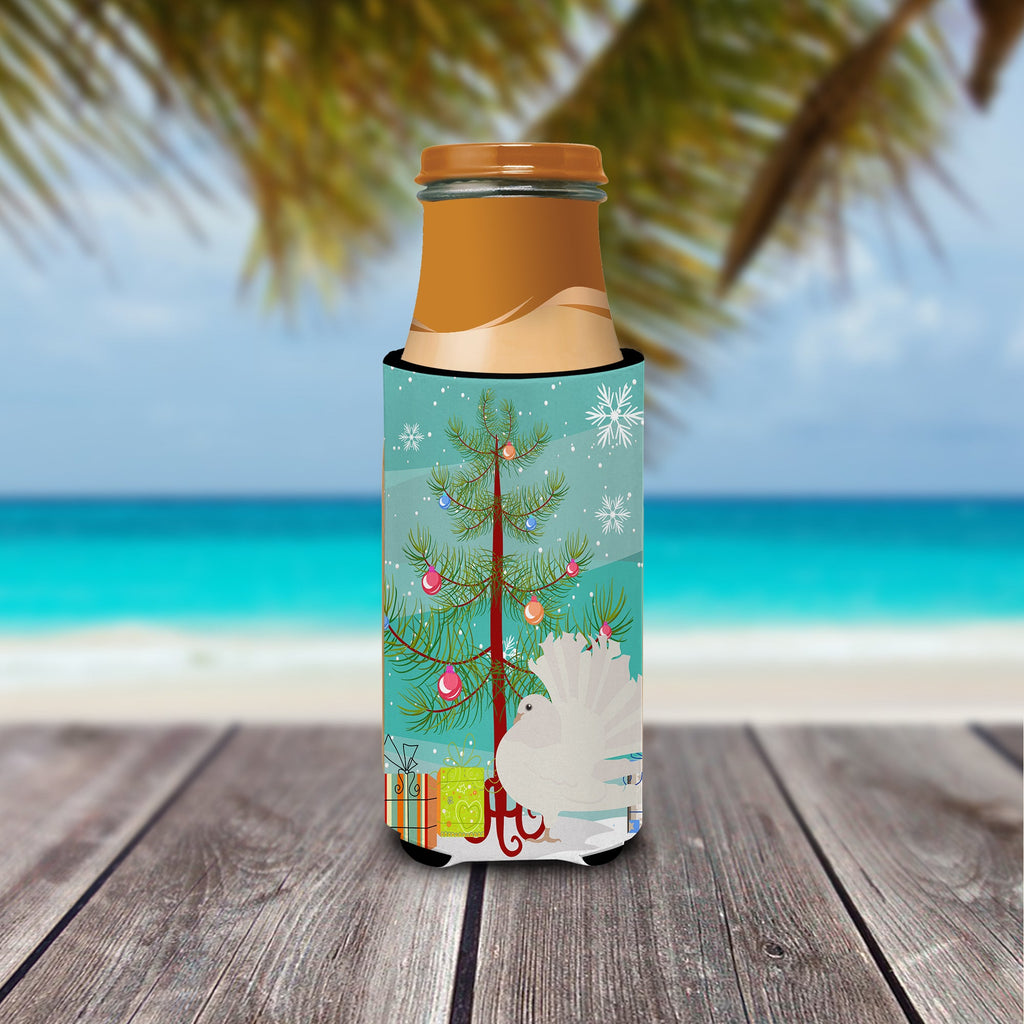 Silver Fantail Pigeon Christmas Slim Can Hugger , Insulated Foam Hugger for 12 oz Slim Cans, Beer Bottles & Water Bottles, Printed in USA
