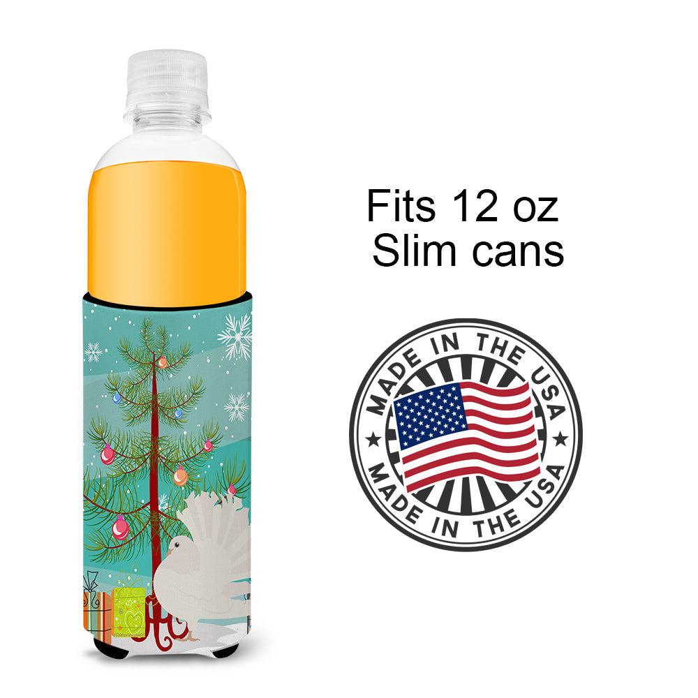 Silver Fantail Pigeon Christmas Slim Can Hugger , Insulated Foam Hugger for 12 oz Slim Cans, Beer Bottles & Water Bottles, Printed in USA