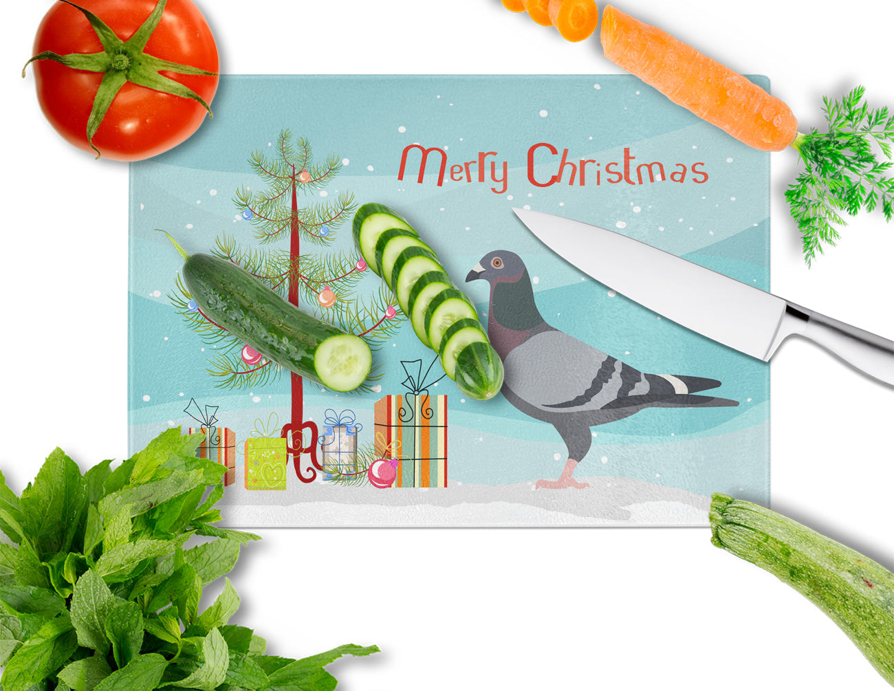 Racing Pigeon Christmas Cutting Board Tempered Glass Kitchen Cutting Surface, Heat Resistant Chopping, Non-Slip Feet, Food Prep & Serving