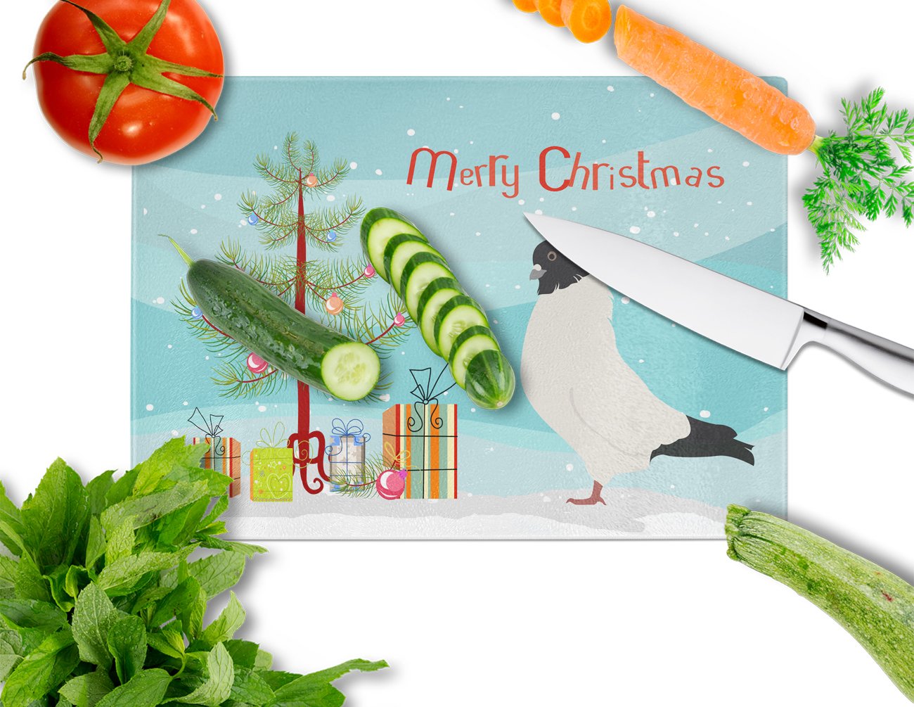 Nun Pigeon Christmas Cutting Board Tempered Glass Kitchen Cutting Surface, Heat Resistant Chopping, Non-Slip Feet, Food Prep & Serving