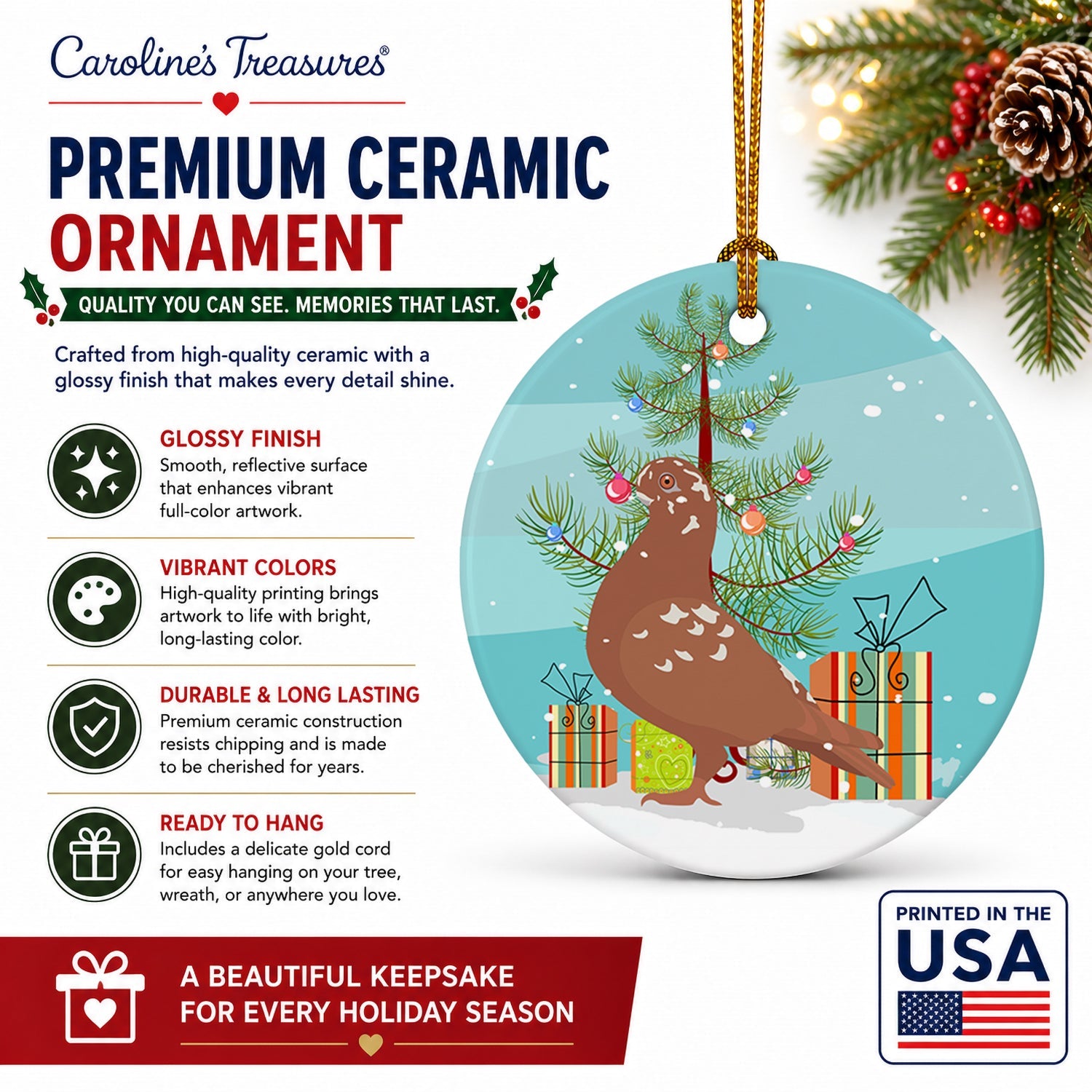 African Owl Pigeon Christmas Ceramic Ornament Christmas Tree Hanging Decorations for Home Christmas Holiday, Party, Gift, 3 in, Multicolor