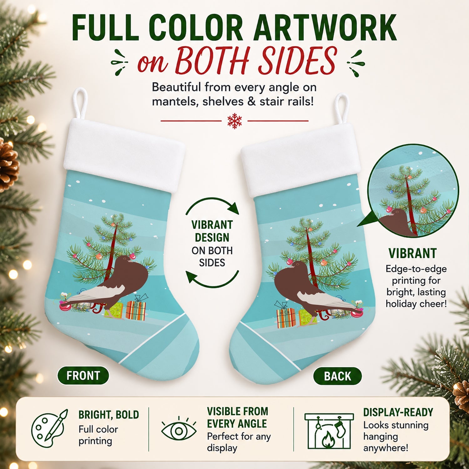 English Pouter Pigeon Christmas Holiday Stocking Double-Sided Print, Polyester Suede,11x18, Made in USA