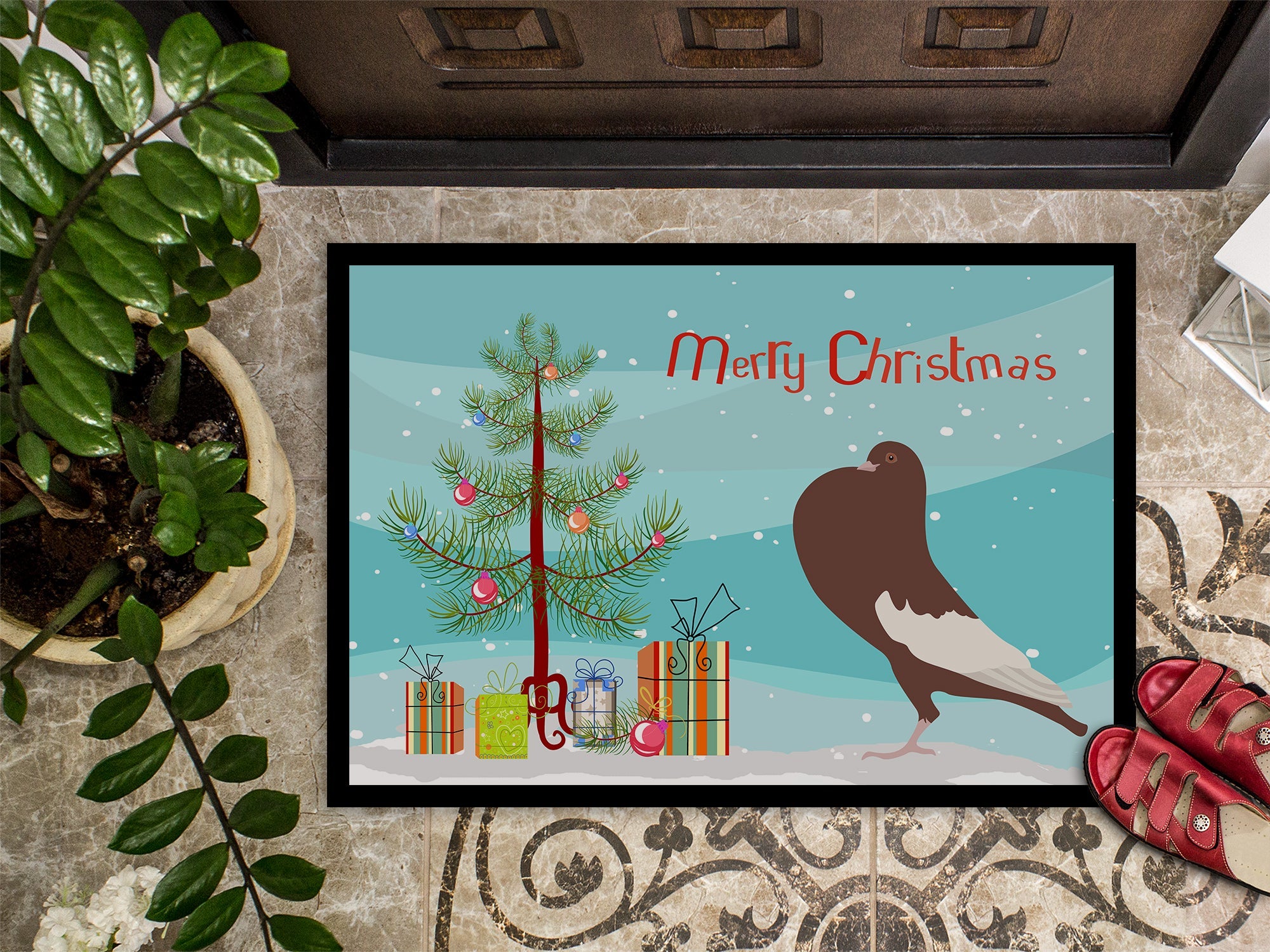 English Pouter Pigeon Christmas Doormat Indoor Outdoor 18H X 27W Front Door Mat Rugs for Entryway, Non Slip Washable