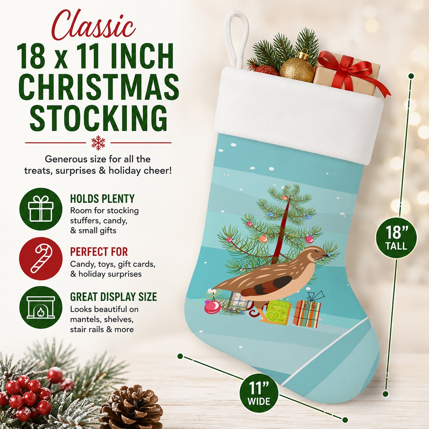 Golden Phoenix Quail Christmas Holiday Stocking Double-Sided Print, Polyester Suede,11x18, Made in USA