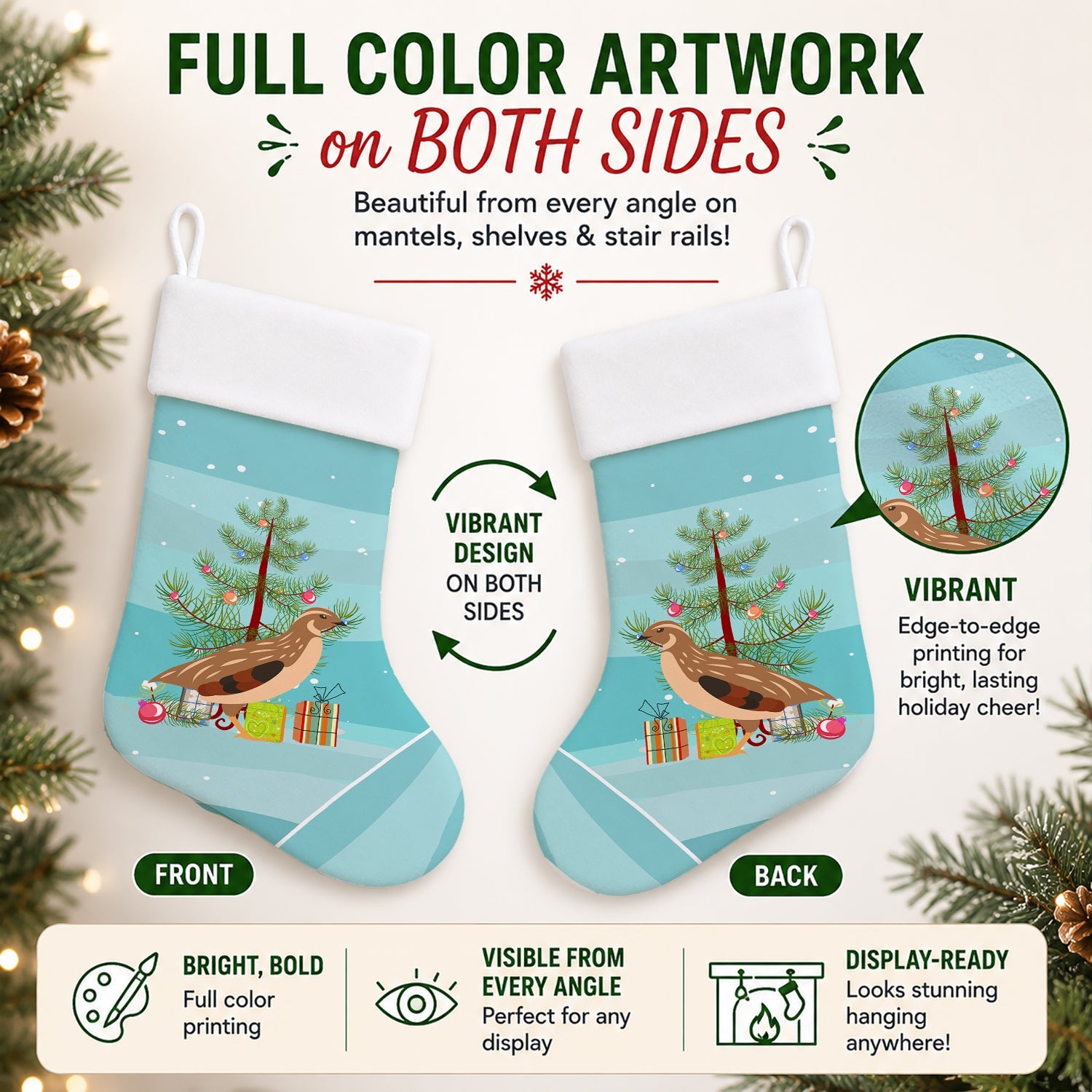 Golden Phoenix Quail Christmas Holiday Stocking Double-Sided Print, Polyester Suede,11x18, Made in USA