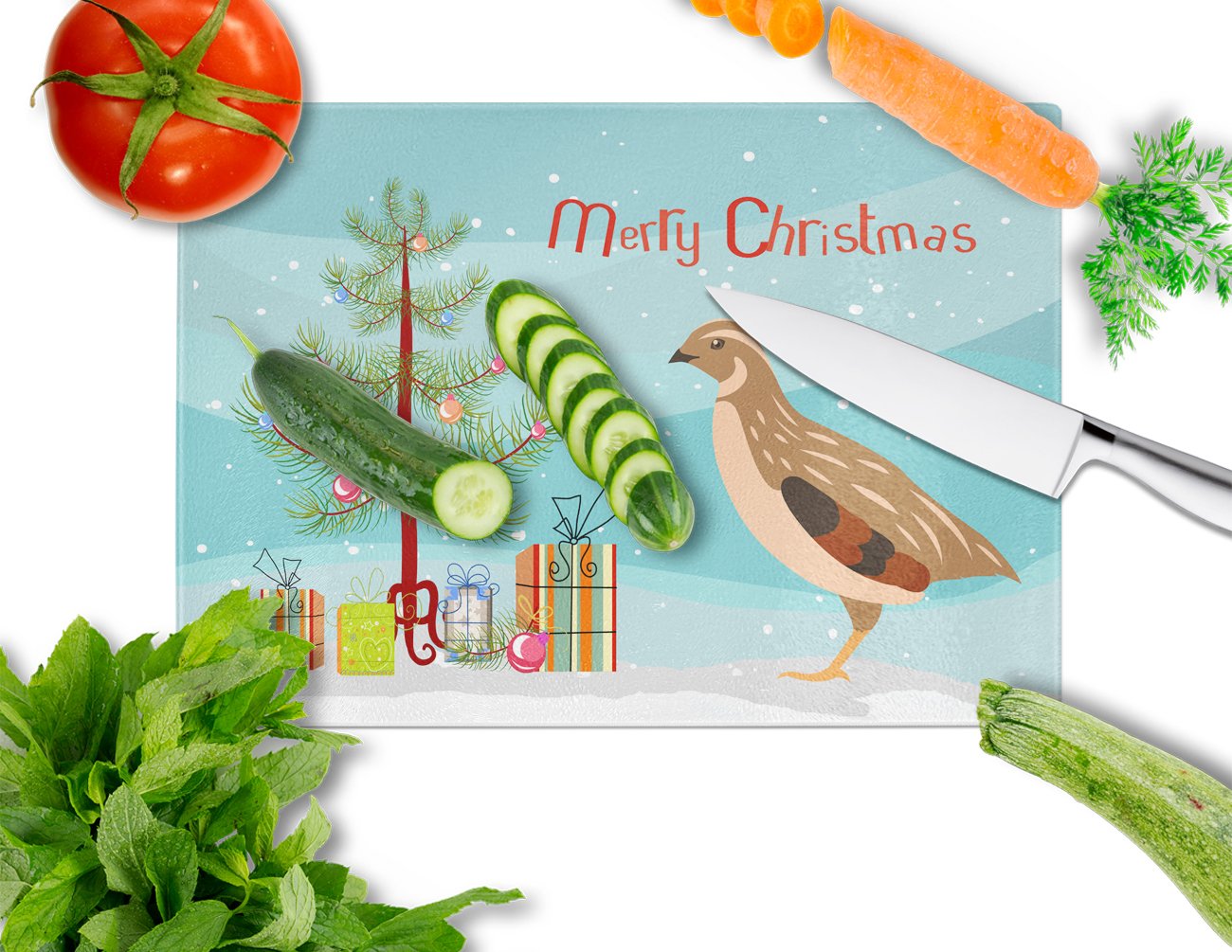 Golden Phoenix Quail Christmas Cutting Board Tempered Glass Kitchen Cutting Surface, Heat Resistant Chopping, Non-Slip Feet, Food Prep & Serving