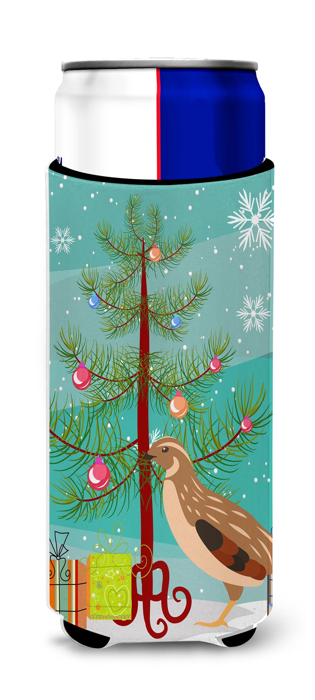 Golden Phoenix Quail Christmas Slim Can Hugger , Insulated Foam Hugger for 12 oz Slim Cans, Beer Bottles & Water Bottles, Printed in USA