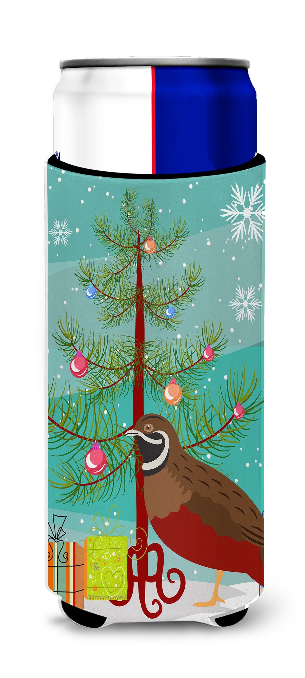 Chinese Painted or King Quail Christmas Slim Can Hugger , Insulated Foam Hugger for 12 oz Slim Cans, Beer Bottles & Water Bottles, Printed in USA
