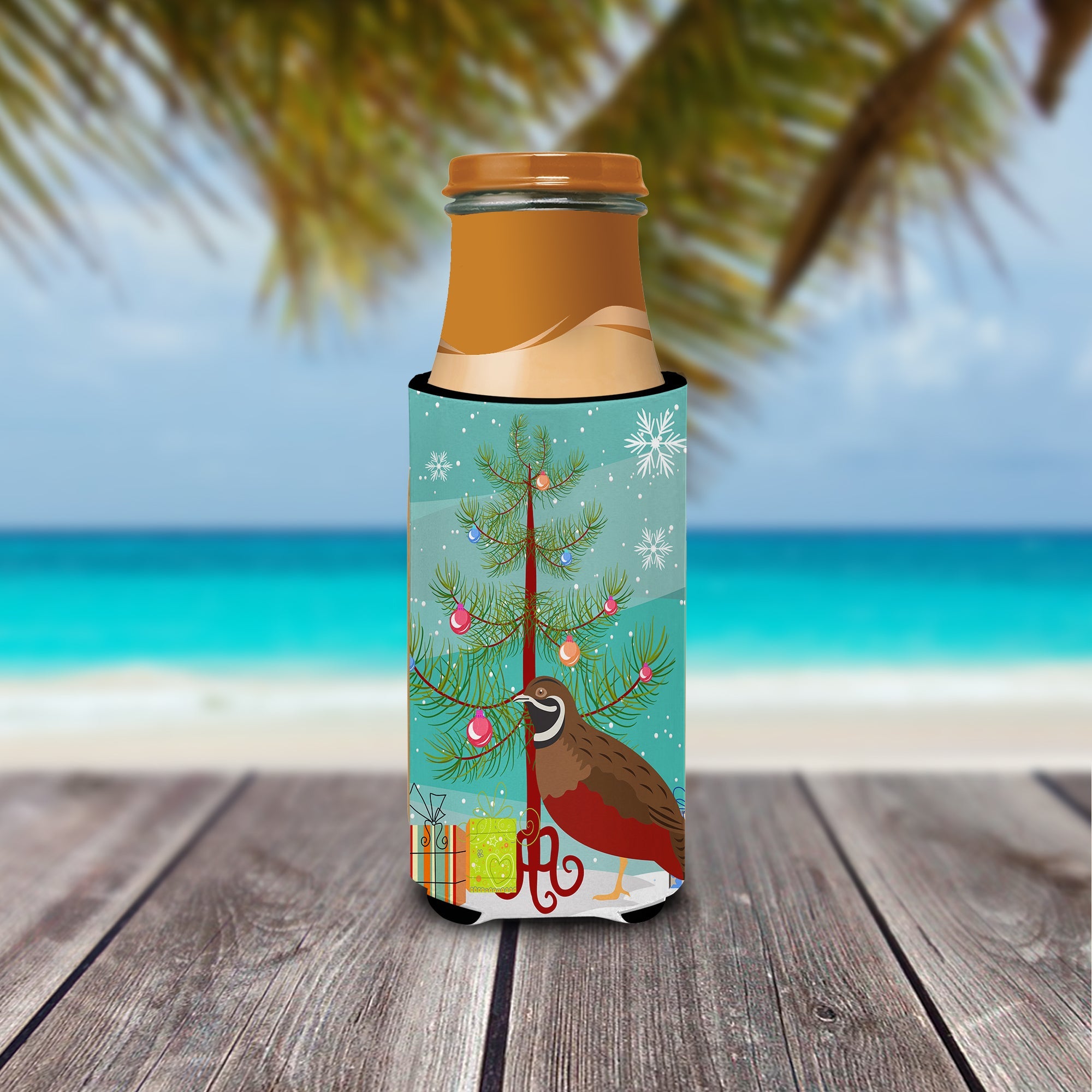 Chinese Painted or King Quail Christmas Slim Can Hugger , Insulated Foam Hugger for 12 oz Slim Cans, Beer Bottles & Water Bottles, Printed in USA