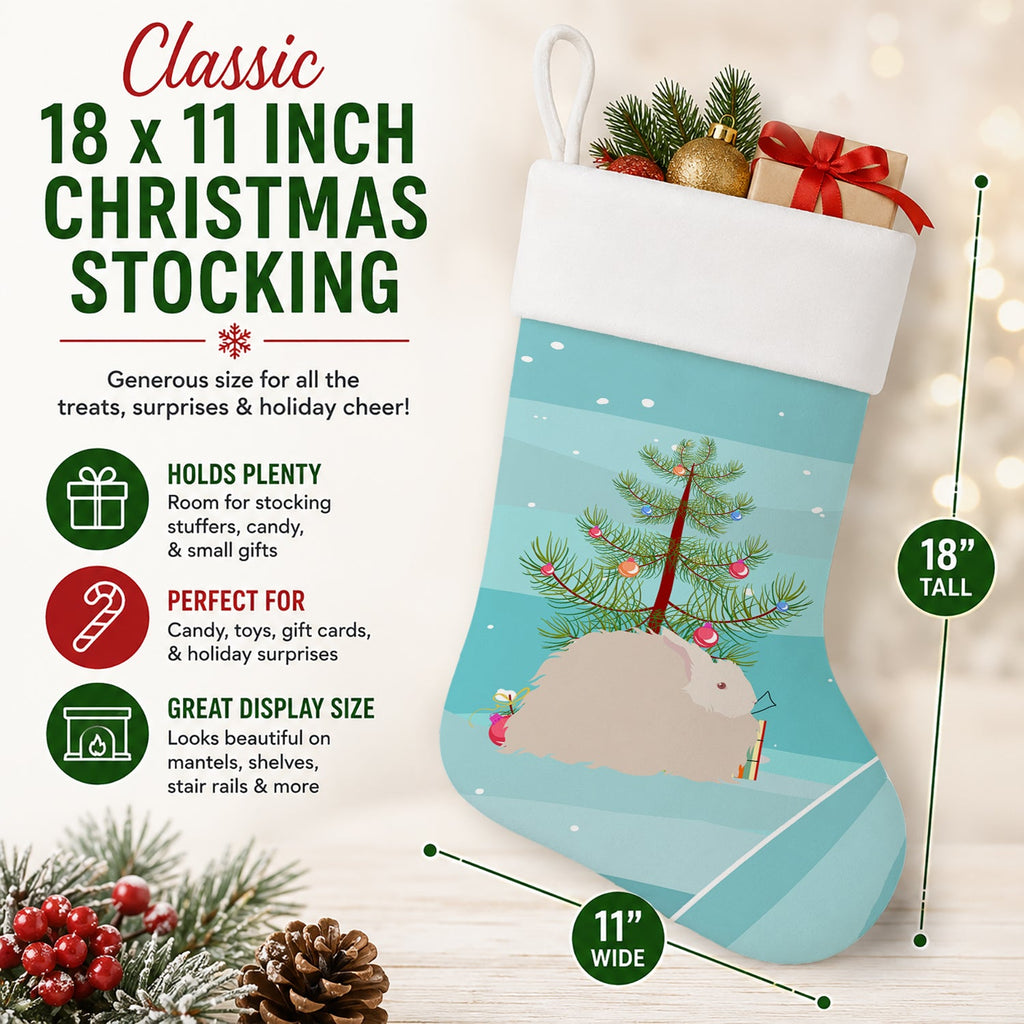 Fluffy Angora Rabbit Christmas Holiday Stocking Double-Sided Print, Polyester Suede,11x18, Made in USA