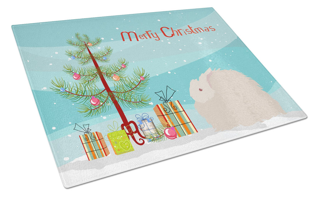 Fluffy Angora Rabbit Christmas Cutting Board Tempered Glass Kitchen Cutting Surface, Heat Resistant Chopping, Non-Slip Feet, Food Prep & Serving