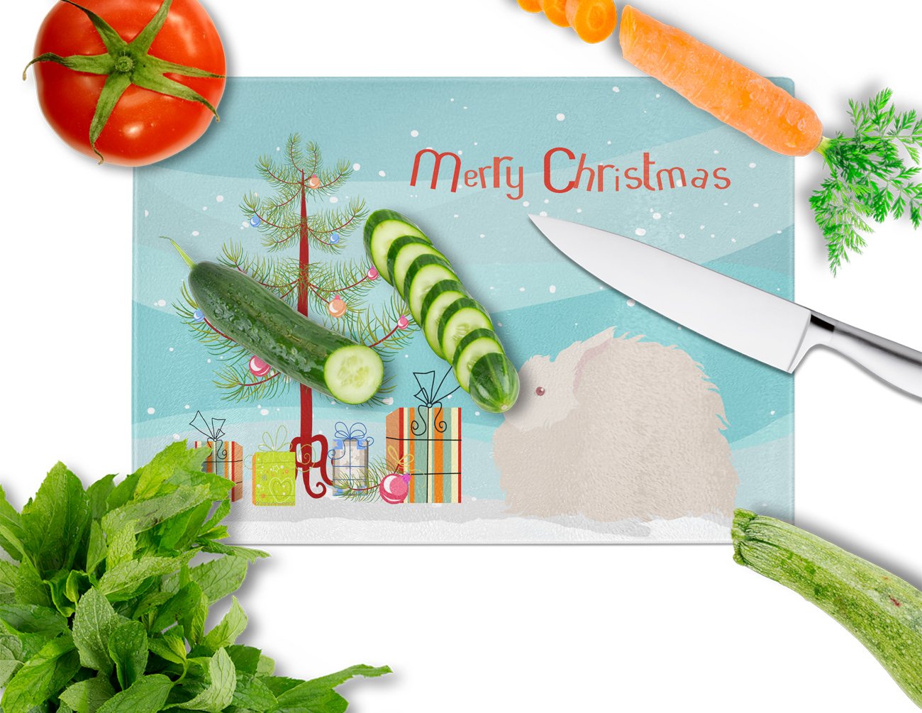 Fluffy Angora Rabbit Christmas Cutting Board Tempered Glass Kitchen Cutting Surface, Heat Resistant Chopping, Non-Slip Feet, Food Prep & Serving