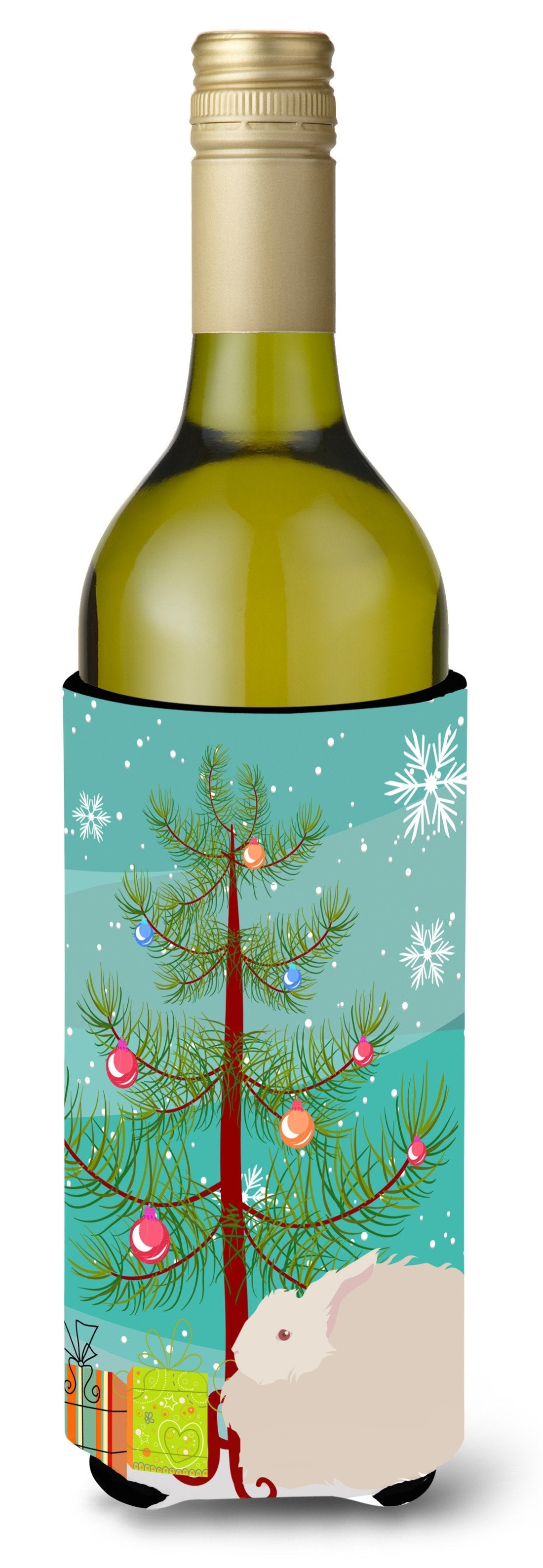 Fluffy Angora Rabbit Christmas Wine Bottle Hugger Gift Sleeve for Standard 750 ml Bottles, Insulated Reusable Also Fits Mini Shot & Pint Bottles