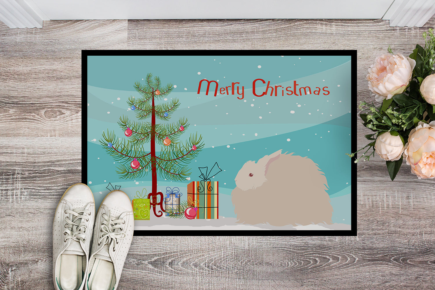 Fluffy Angora Rabbit Christmas Doormat Indoor Outdoor 18H X 27W Front Door Mat Rugs for Entryway, Non Slip Washable