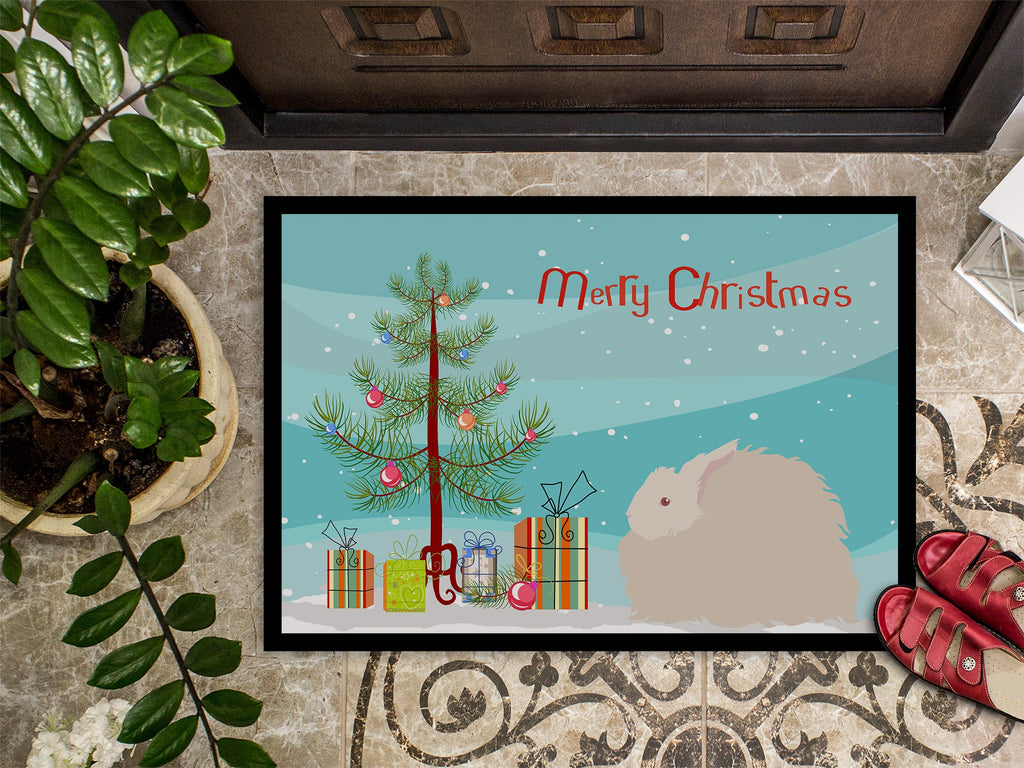 Fluffy Angora Rabbit Christmas Doormat Indoor Outdoor 18H X 27W Front Door Mat Rugs for Entryway, Non Slip Washable