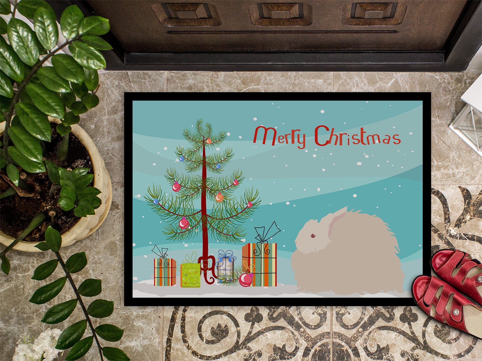 Fluffy Angora Rabbit Christmas Doormat Indoor Outdoor 18H X 27W Front Door Mat Rugs for Entryway, Non Slip Washable