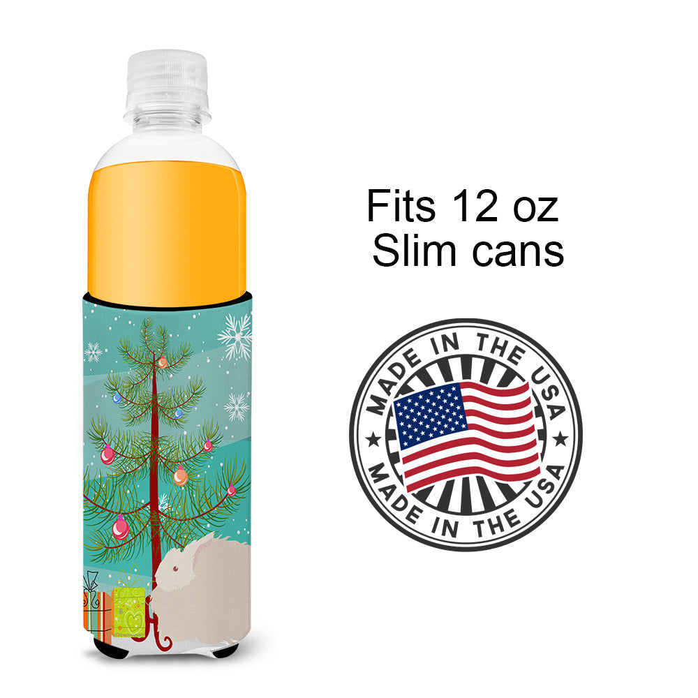 Fluffy Angora Rabbit Christmas Slim Can Hugger , Insulated Foam Hugger for 12 oz Slim Cans, Beer Bottles & Water Bottles, Printed in USA