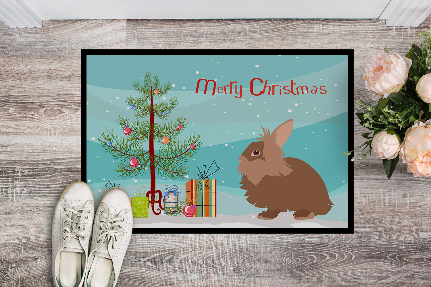 Lionhead Rabbit Christmas Doormat Indoor Outdoor 24H X 36W Front Door Mat Rugs for Entryway, Non Slip Washable Low Pile,
