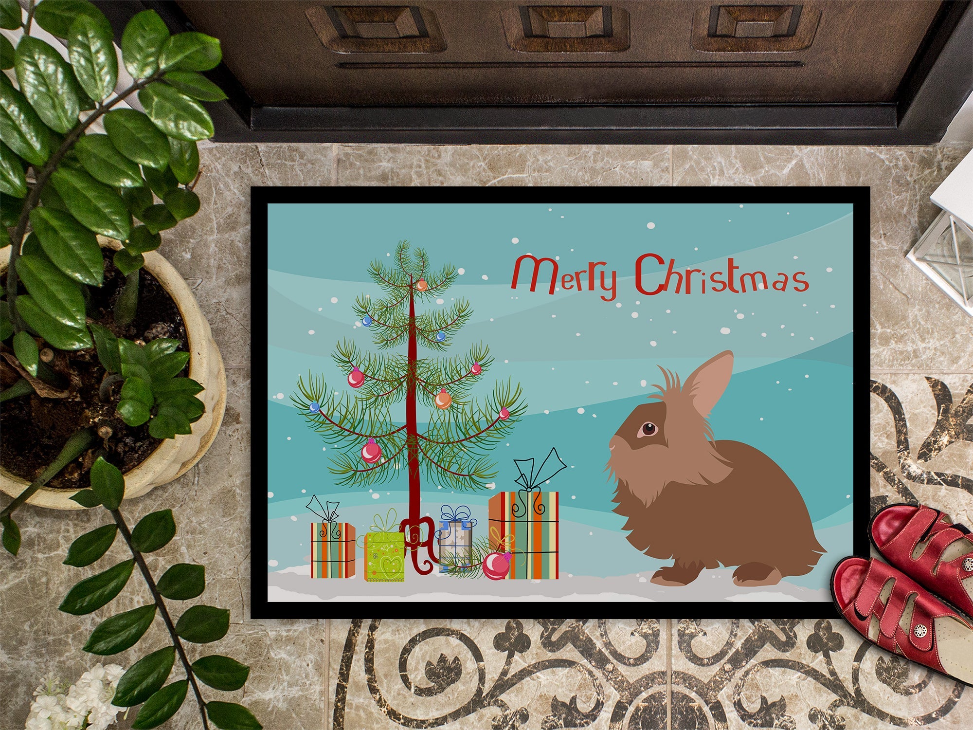 Lionhead Rabbit Christmas Doormat Indoor Outdoor 18H X 27W Front Door Mat Rugs for Entryway, Non Slip Washable