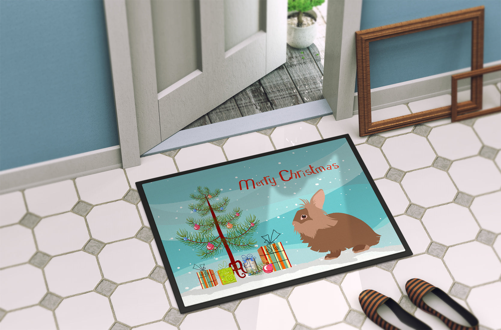 Lionhead Rabbit Christmas Doormat Indoor Outdoor 18H X 27W Front Door Mat Rugs for Entryway, Non Slip Washable