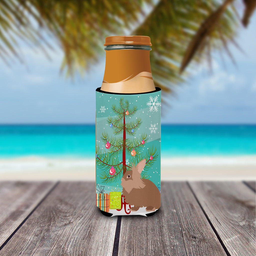 Lionhead Rabbit Christmas Slim Can Hugger , Insulated Foam Hugger for 12 oz Slim Cans, Beer Bottles & Water Bottles, Printed in USA