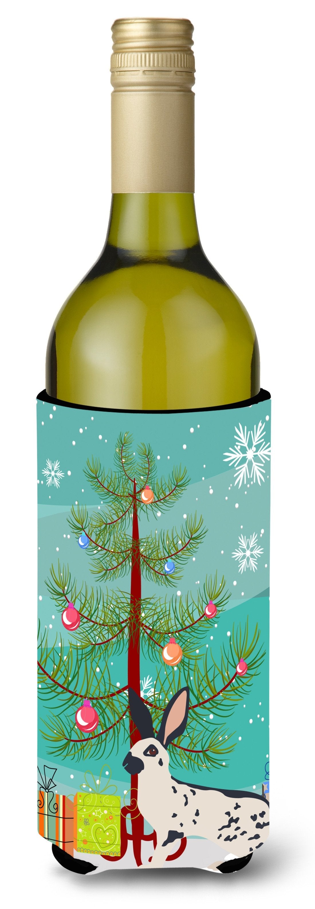 English Spot Rabbit Christmas Wine Bottle Hugger Gift Sleeve for Standard 750 ml Bottles, Insulated Reusable Also Fits Mini Shot & Pint Bottles