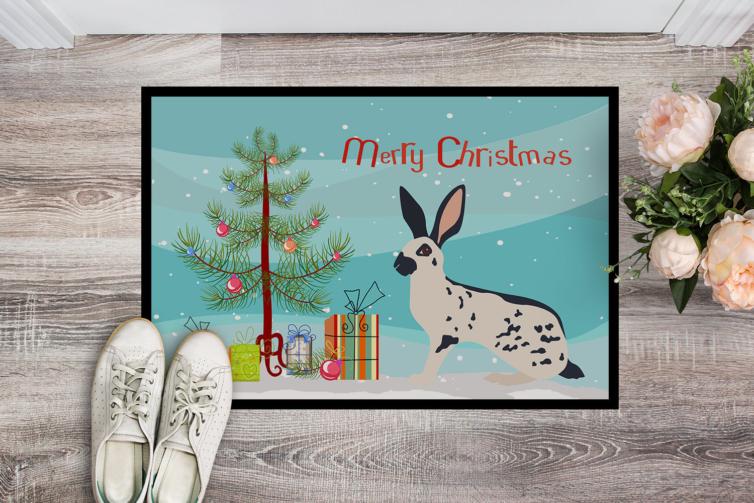 English Spot Rabbit Christmas Doormat Indoor Outdoor 18H X 27W Front Door Mat Rugs for Entryway, Non Slip Washable