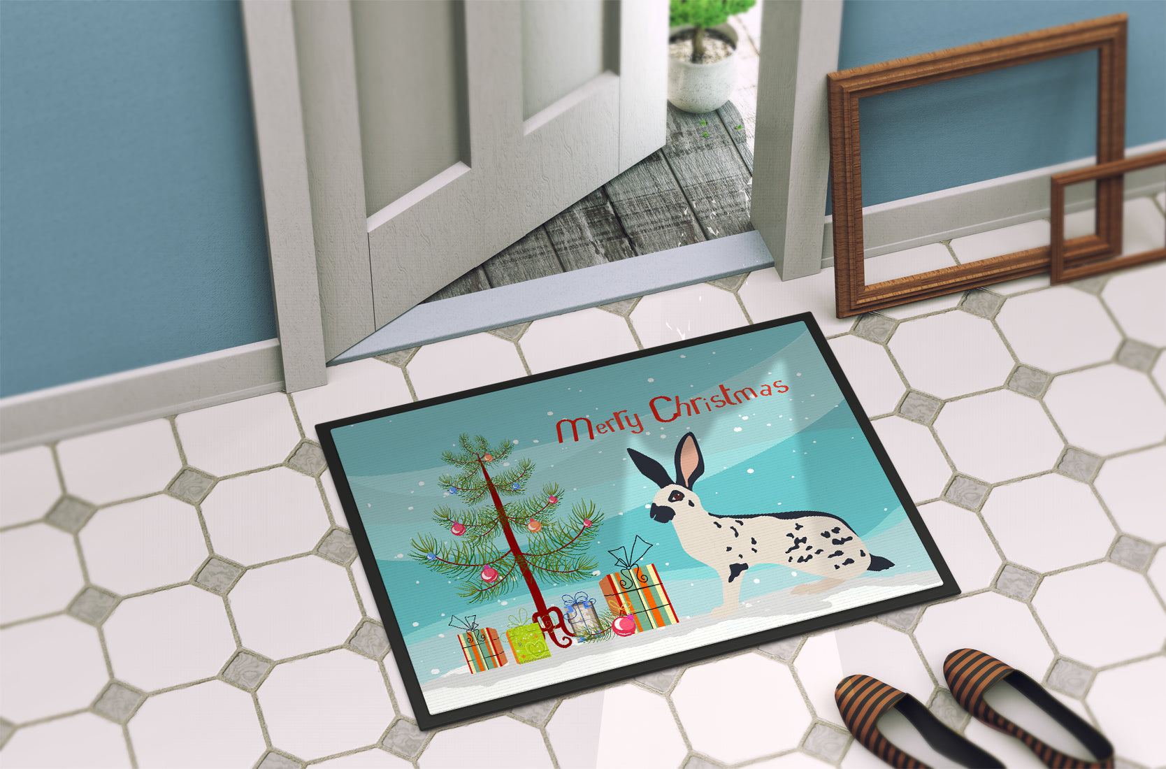 English Spot Rabbit Christmas Doormat Indoor Outdoor 18H X 27W Front Door Mat Rugs for Entryway, Non Slip Washable