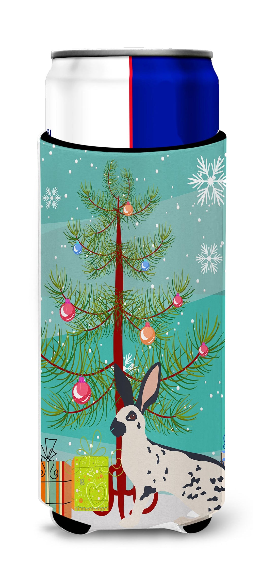 English Spot Rabbit Christmas Slim Can Hugger , Insulated Foam Hugger for 12 oz Slim Cans, Beer Bottles & Water Bottles, Printed in USA