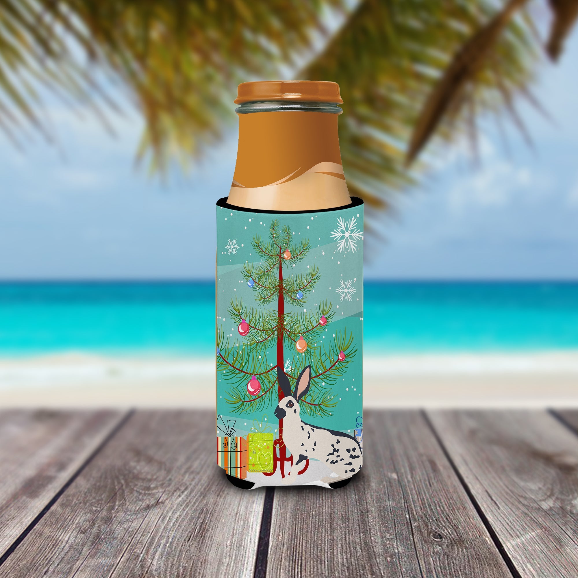 English Spot Rabbit Christmas Slim Can Hugger , Insulated Foam Hugger for 12 oz Slim Cans, Beer Bottles & Water Bottles, Printed in USA
