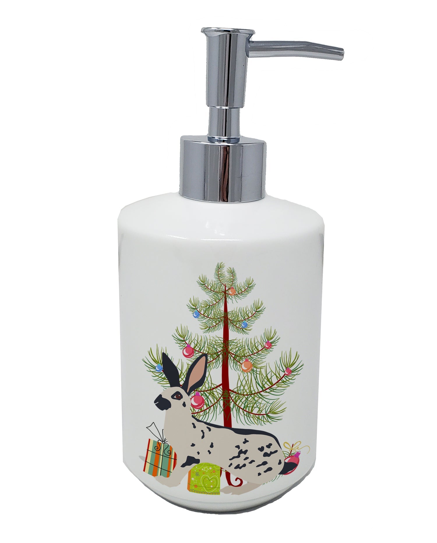 English Spot Rabbit Christmas Ceramic Soap Dispenser , Empty Refillable Hand Soap Pump Bottle for Bathroom Kitchen