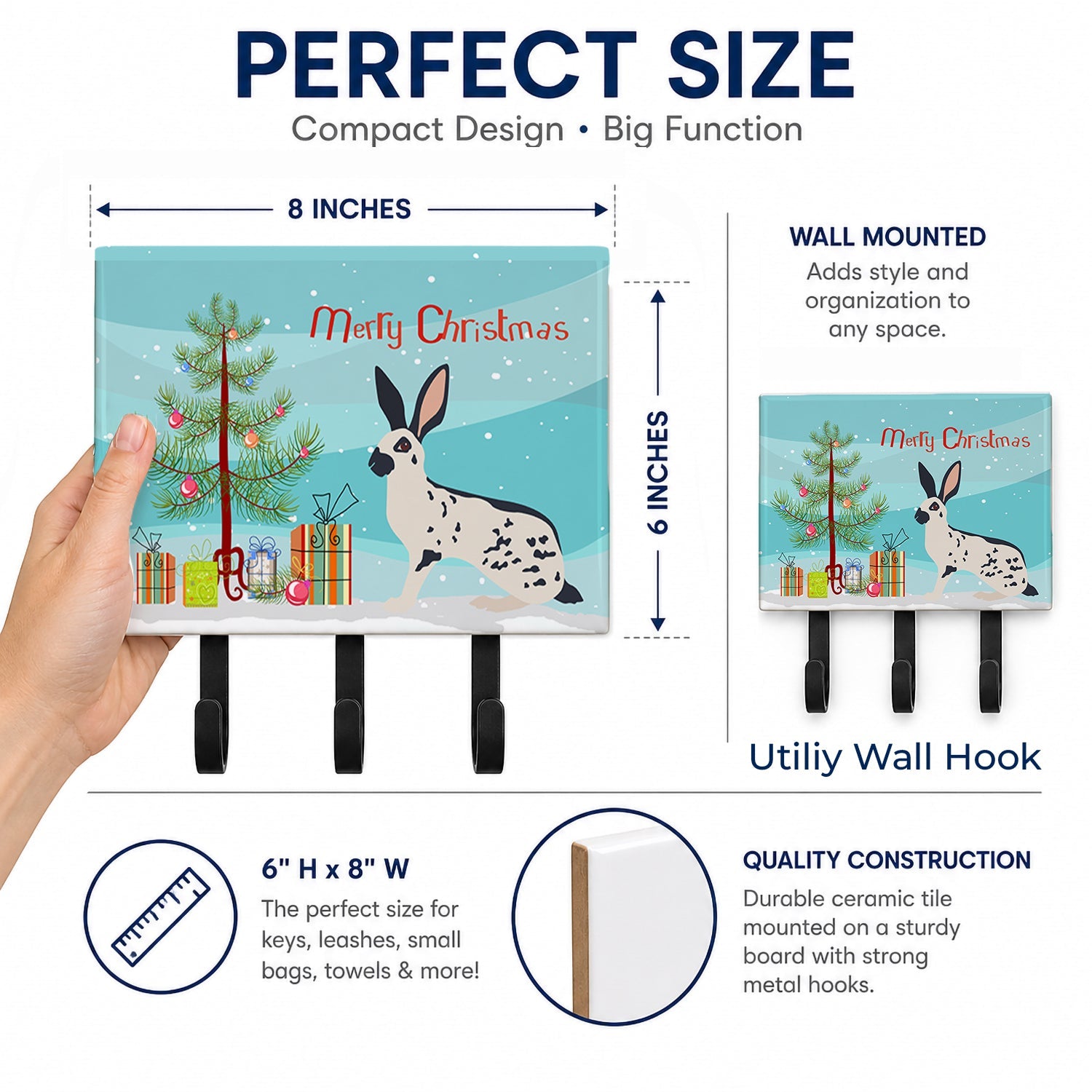English Spot Rabbit Christmas Leash or Key Holder Wall Hooks, Coat Rack Wall Mount, for Hanging Keys, Towels, Aprons, Leashes