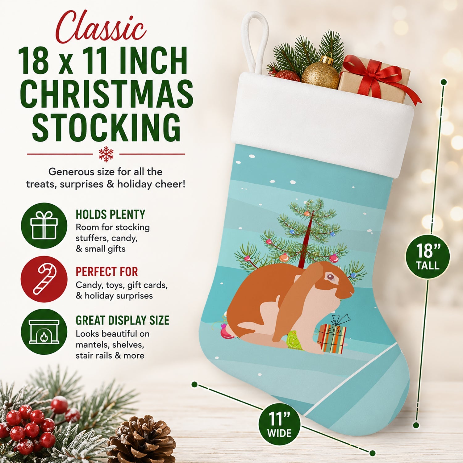 English Lop Rabbit Christmas Holiday Stocking Double-Sided Print, Polyester Suede,11x18, Made in USA