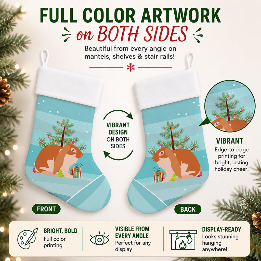 English Lop Rabbit Christmas Holiday Stocking Double-Sided Print, Polyester Suede,11x18, Made in USA