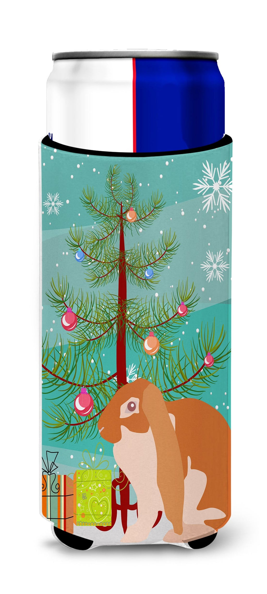 English Lop Rabbit Christmas Slim Can Hugger , Insulated Foam Hugger for 12 oz Slim Cans, Beer Bottles & Water Bottles, Printed in USA