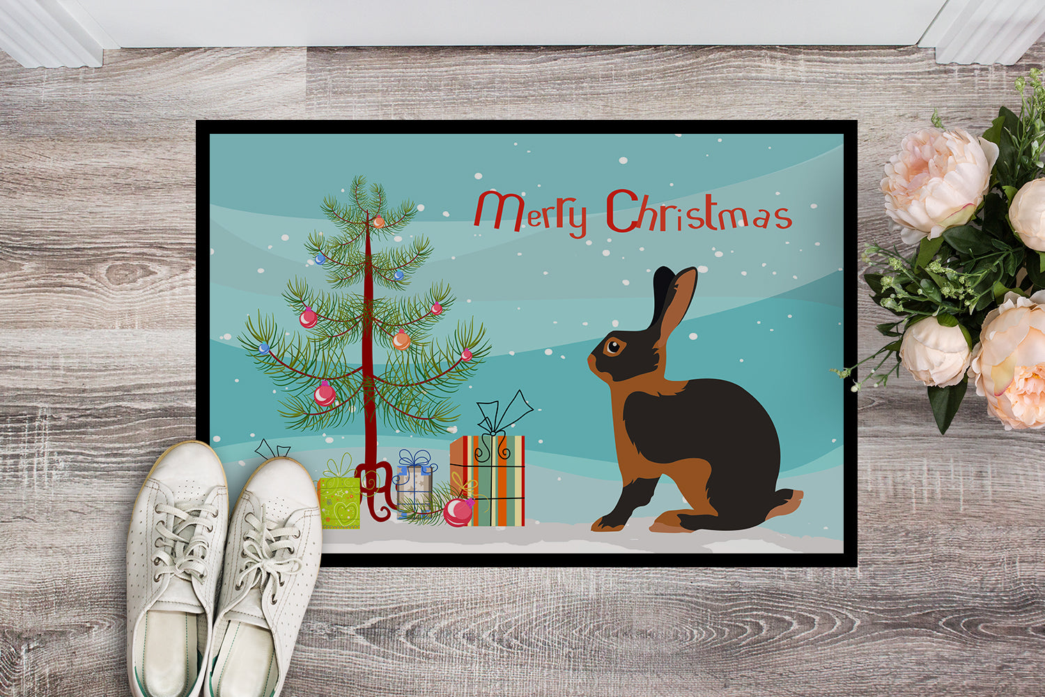 Tan Rabbit Christmas Doormat Indoor Outdoor 24H X 36W Front Door Mat Rugs for Entryway, Non Slip Washable Low Pile,