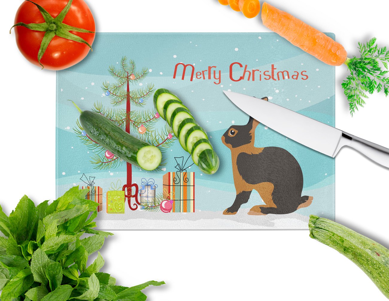 Tan Rabbit Christmas Cutting Board Tempered Glass Kitchen Cutting Surface, Heat Resistant Chopping, Non-Slip Feet, Food Prep & Serving
