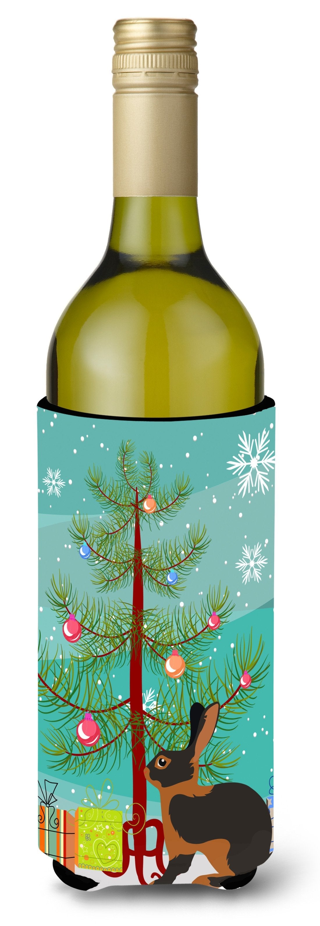 Tan Rabbit Christmas Wine Bottle Hugger Gift Sleeve for Standard 750 ml Bottles, Insulated Reusable Also Fits Mini Shot & Pint Bottles