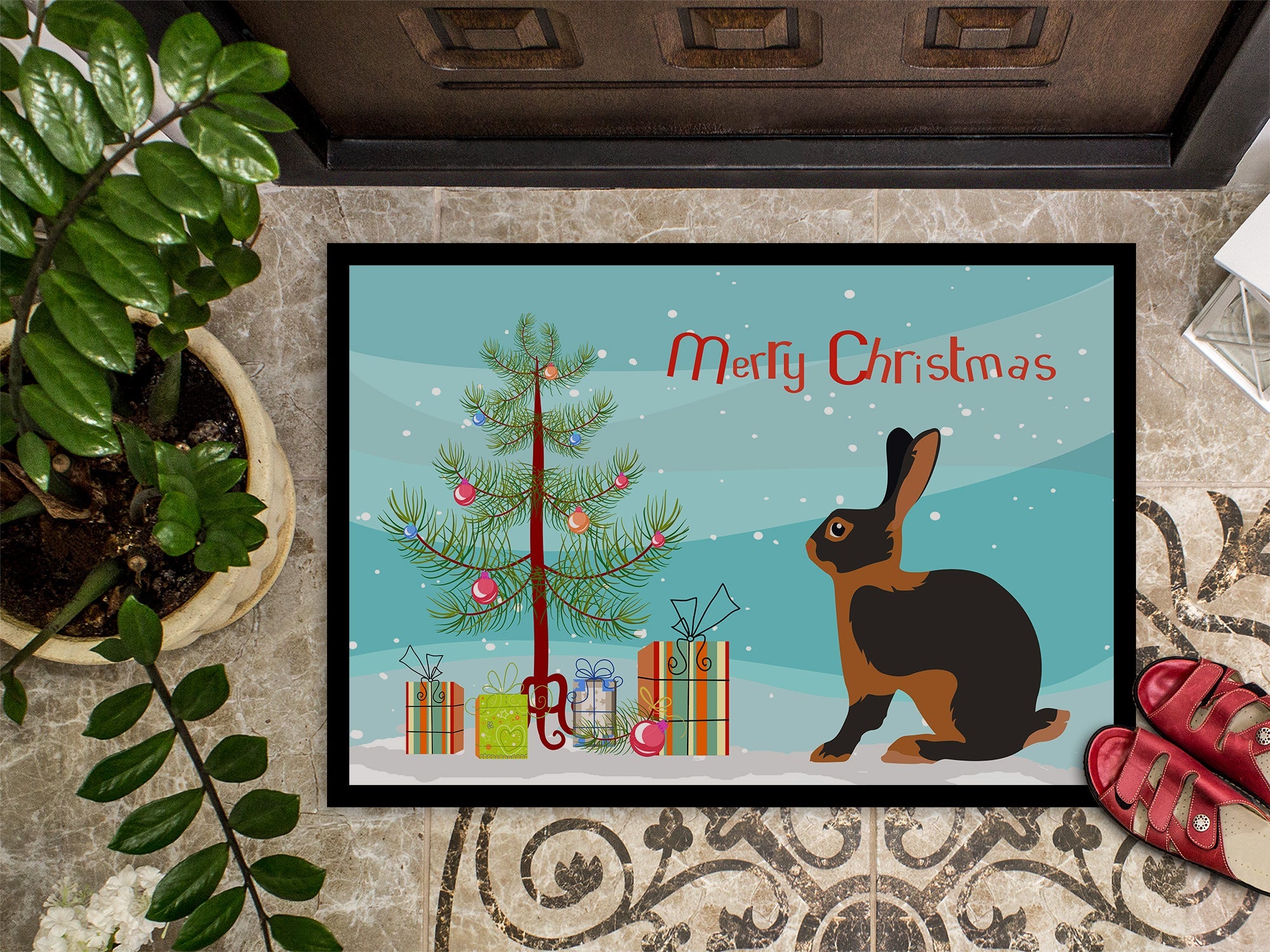 Tan Rabbit Christmas Doormat Indoor Outdoor 18H X 27W Front Door Mat Rugs for Entryway, Non Slip Washable