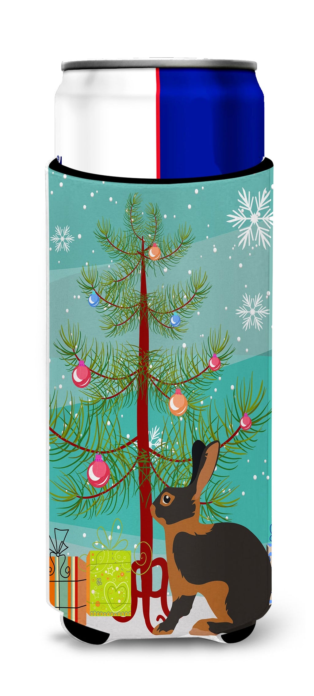 Tan Rabbit Christmas Slim Can Hugger , Insulated Foam Hugger for 12 oz Slim Cans, Beer Bottles & Water Bottles, Printed in USA