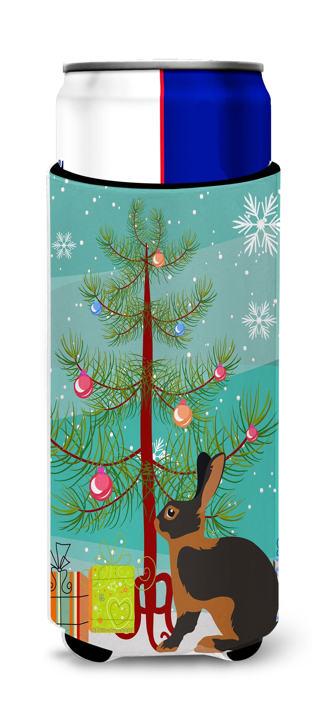 Tan Rabbit Christmas Slim Can Hugger , Insulated Foam Hugger for 12 oz Slim Cans, Beer Bottles & Water Bottles, Printed in USA