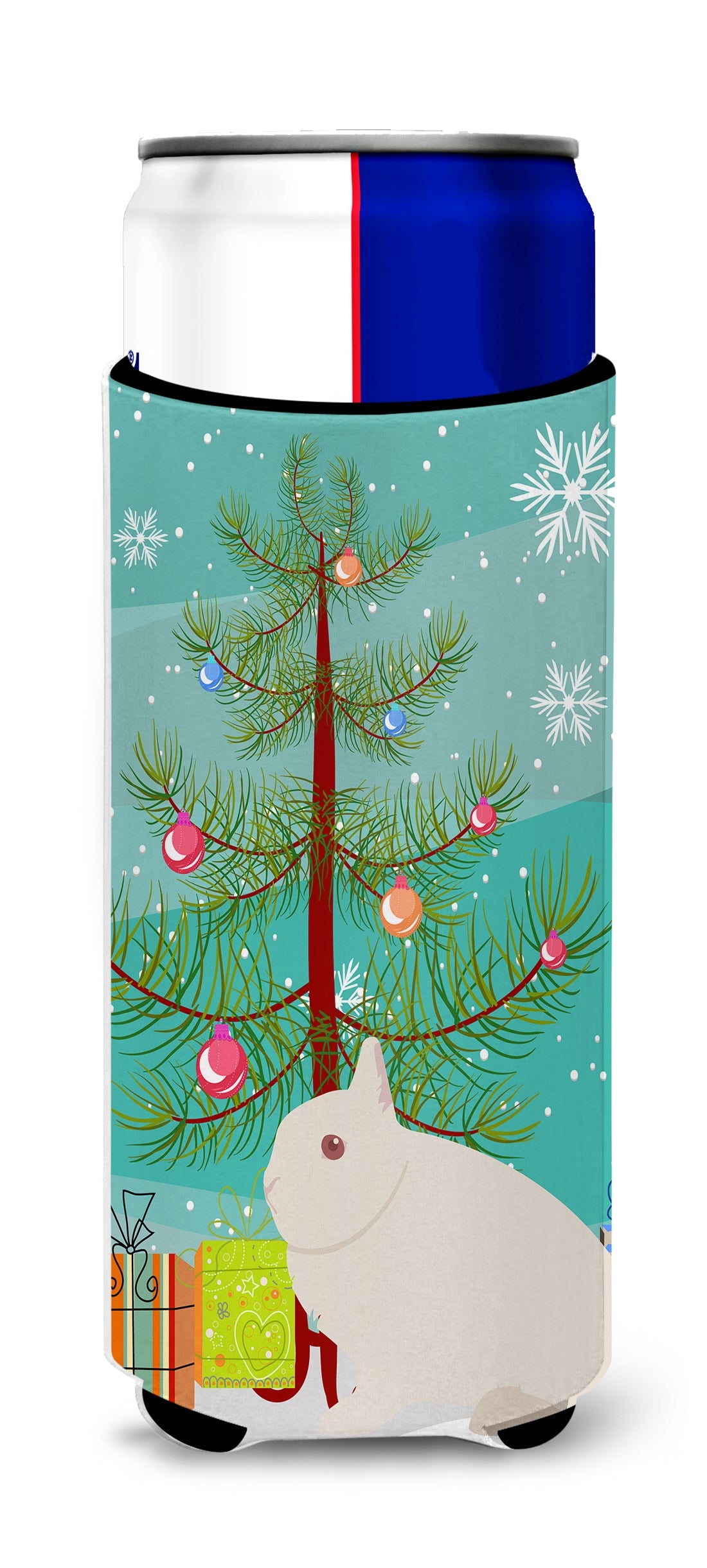 Hermelin Rabbit Christmas Slim Can Hugger , Insulated Foam Hugger for 12 oz Slim Cans, Beer Bottles & Water Bottles, Printed in USA