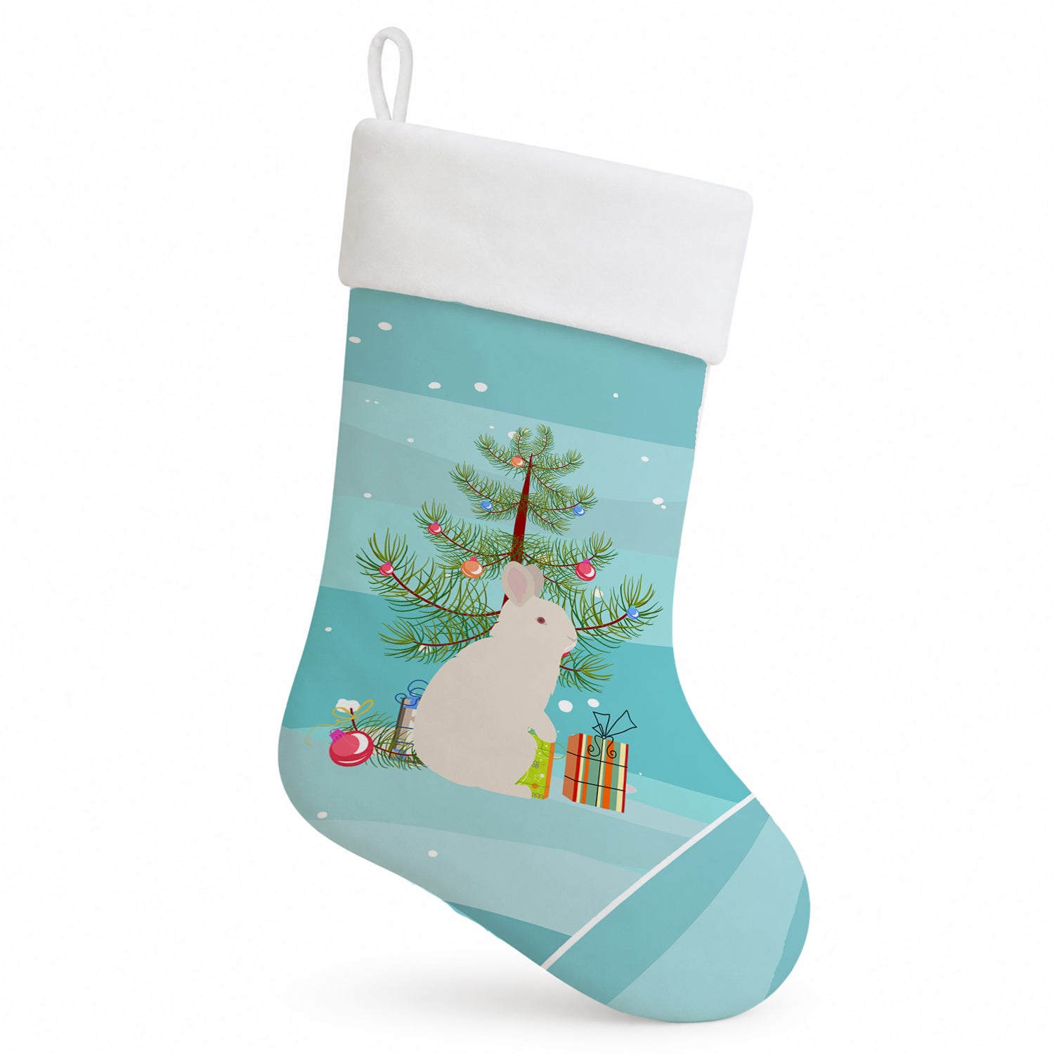 New Zealand White Rabbit Christmas Holiday Stocking Double-Sided Print, Polyester Suede,11x18, Made in USA