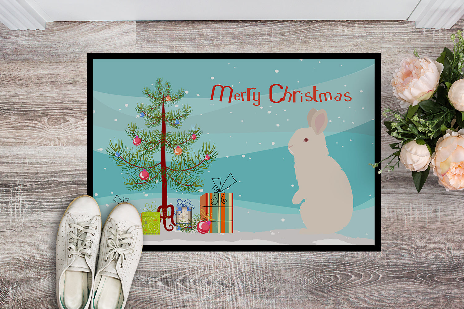 New Zealand White Rabbit Christmas Doormat Indoor Outdoor 24H X 36W Front Door Mat Rugs for Entryway, Non Slip Washable Low Pile,