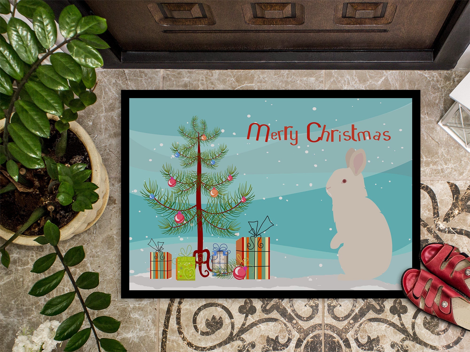 New Zealand White Rabbit Christmas Doormat Indoor Outdoor 18H X 27W Front Door Mat Rugs for Entryway, Non Slip Washable