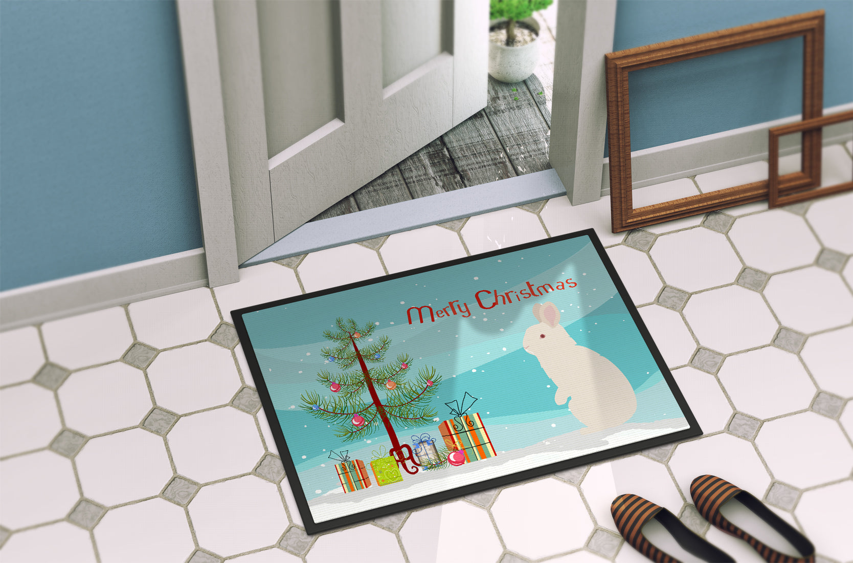 New Zealand White Rabbit Christmas Doormat Indoor Outdoor 18H X 27W Front Door Mat Rugs for Entryway, Non Slip Washable