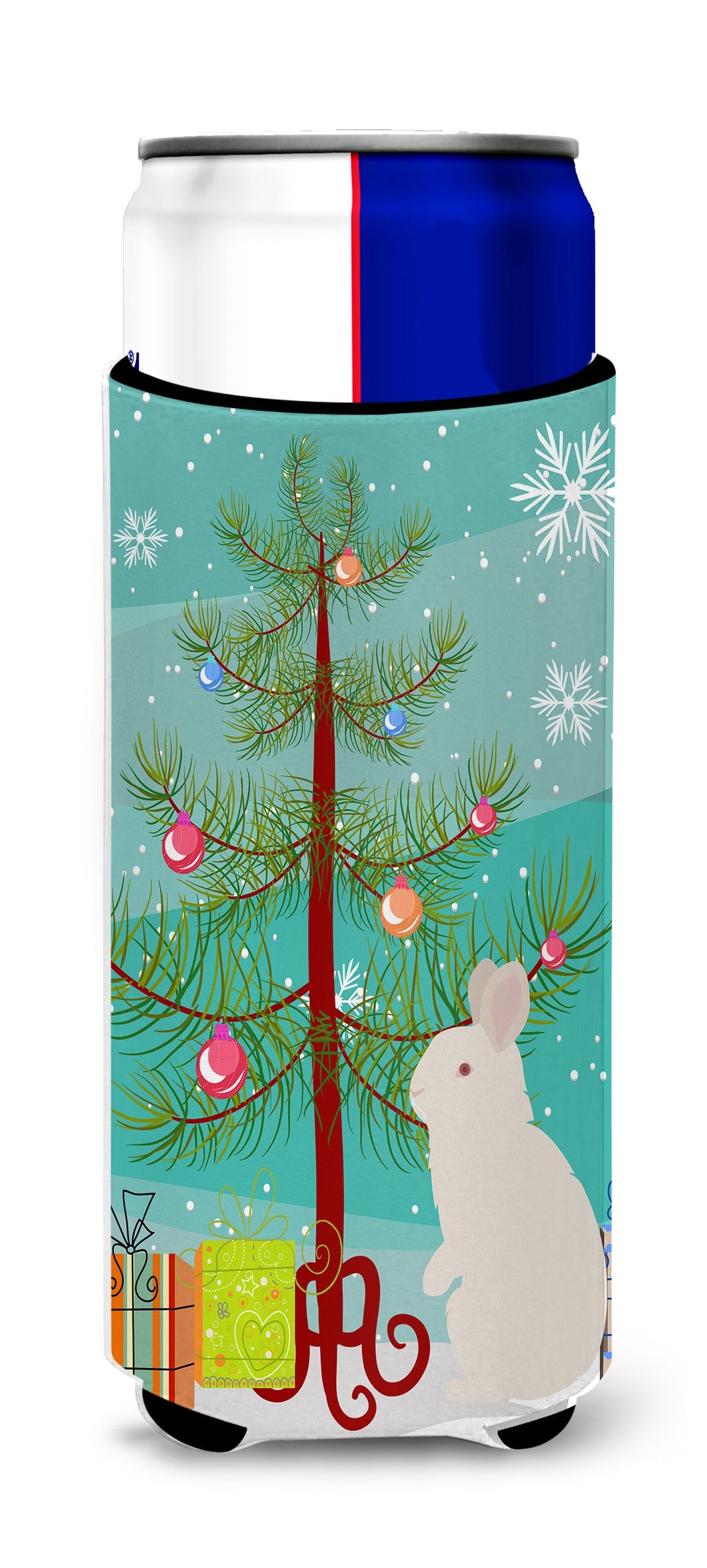 New Zealand White Rabbit Christmas Slim Can Hugger , Insulated Foam Hugger for 12 oz Slim Cans, Beer Bottles & Water Bottles, Printed in USA