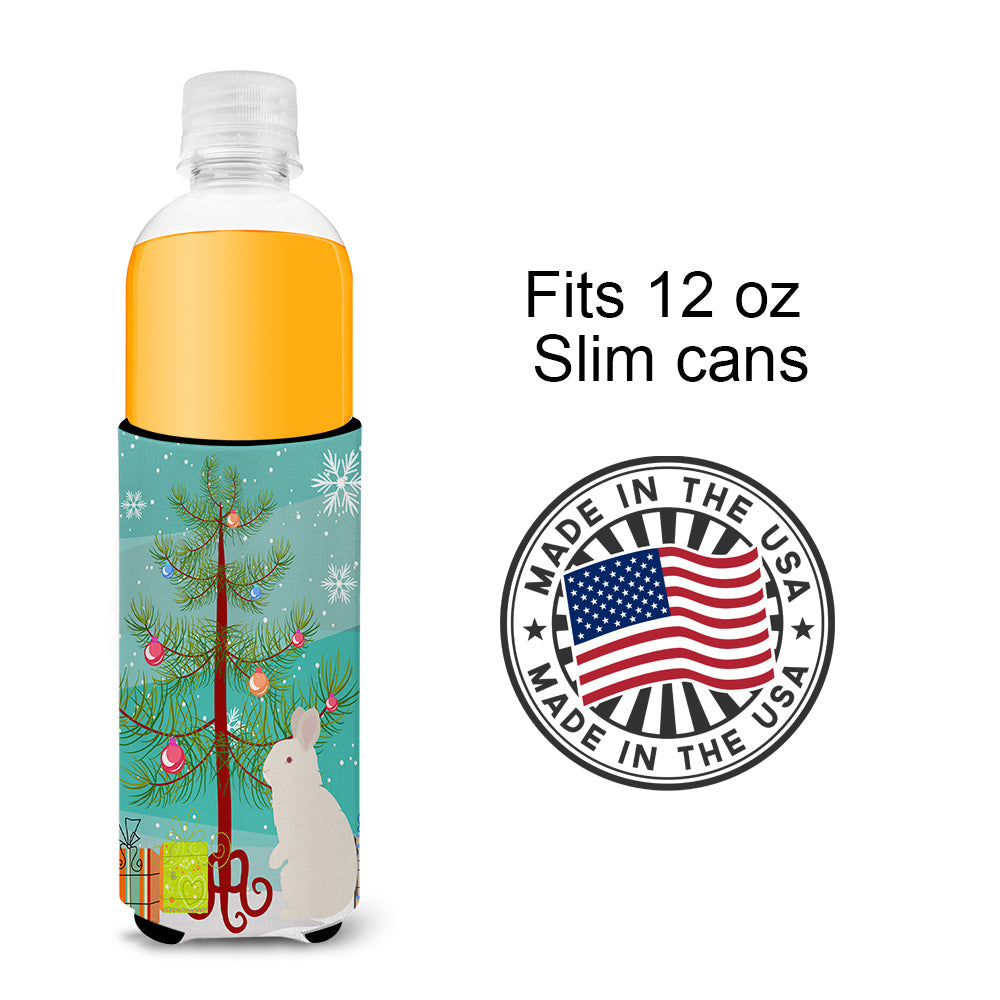New Zealand White Rabbit Christmas Slim Can Hugger , Insulated Foam Hugger for 12 oz Slim Cans, Beer Bottles & Water Bottles, Printed in USA