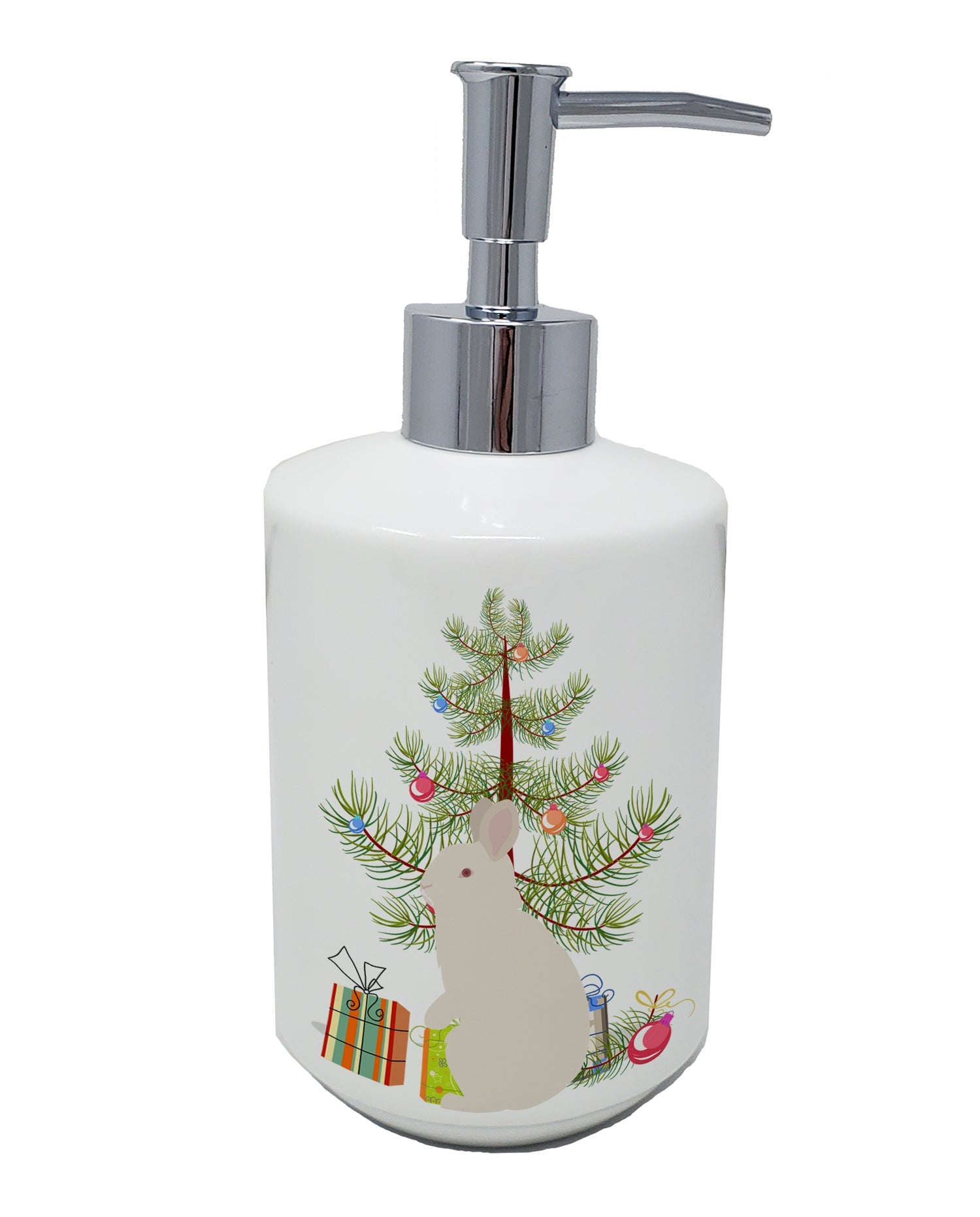 New Zealand White Rabbit Christmas Ceramic Soap Dispenser , Empty Refillable Hand Soap Pump Bottle for Bathroom Kitchen